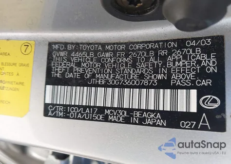 2003 Lexus Es 300 from USA, damaged, VIN JTHBF30G736007873